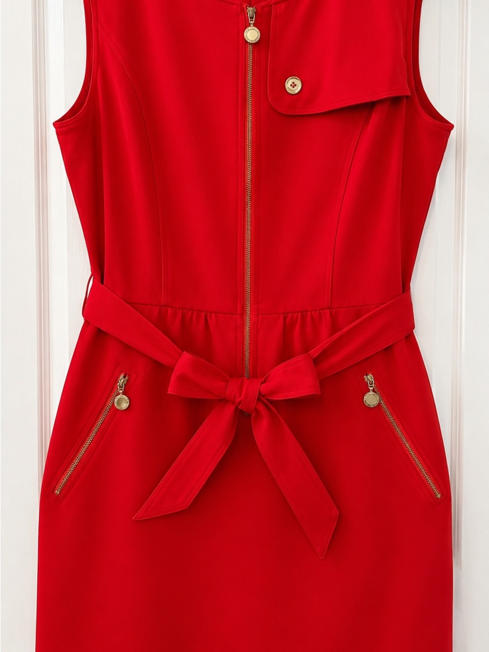 Calvin Klein Red Sheath Dress w/Gold Zipper Details & Tie Waist | Size 12